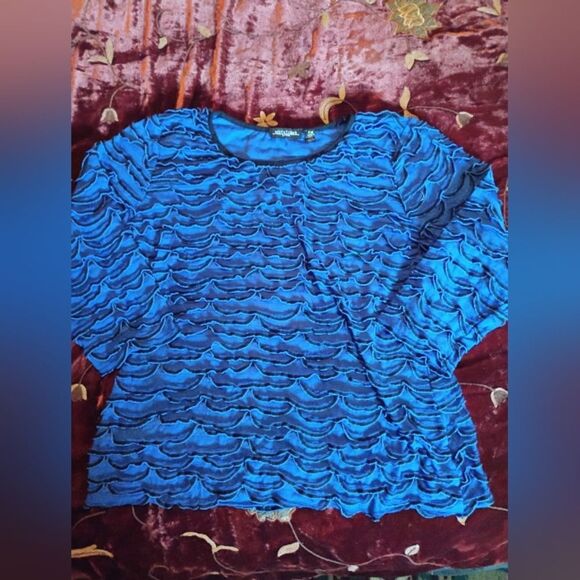 Notations Blue Ruffled 3/4 Sleeve Blouse - Picture 1 of 13